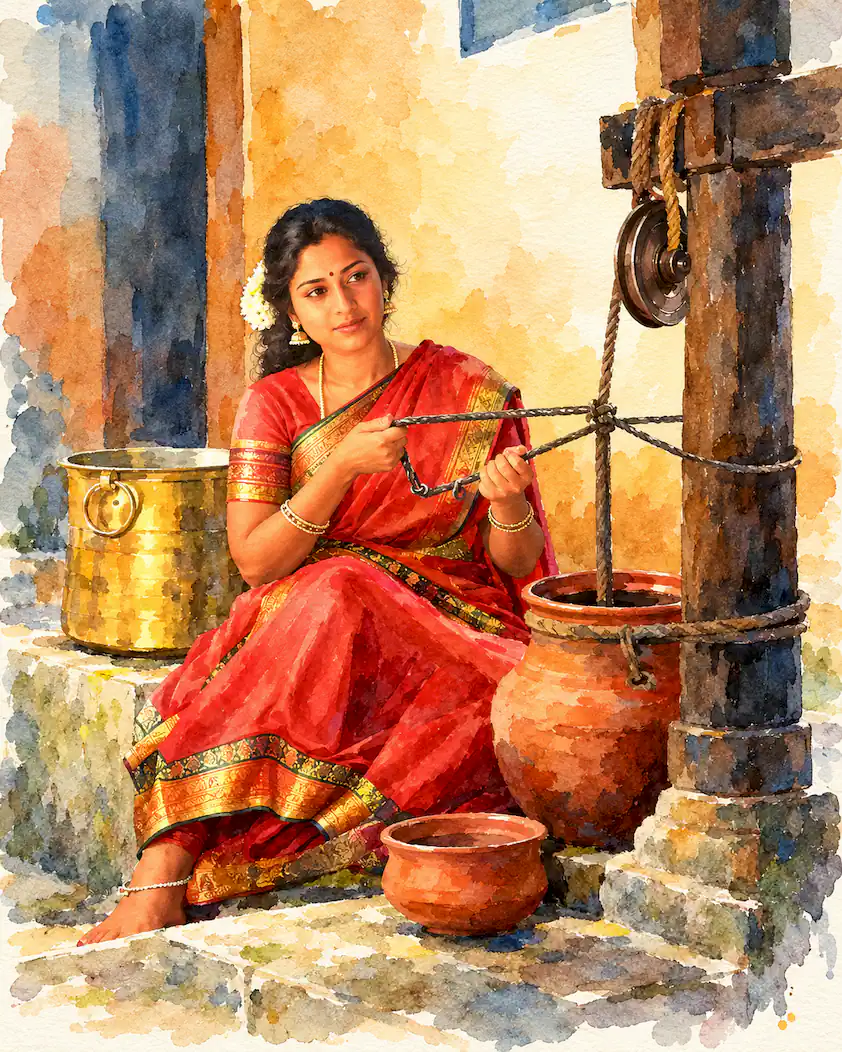 watercolor woman at the village well
